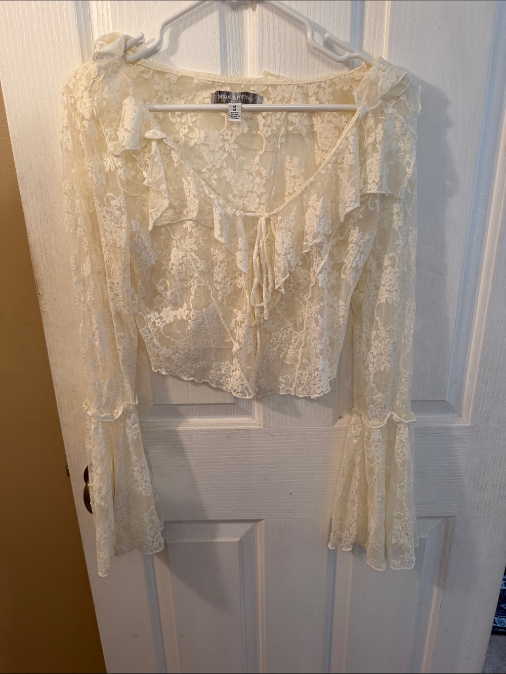 Urban Outfitters Cream Lace Ruffle Tie-Front Blouse